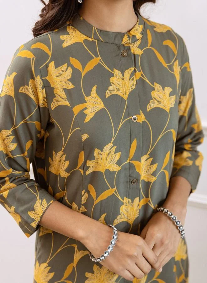 ISHIN Women'S Mustard Rayon Embroidered Tunic Full Length Palazzo Straight Fit Kurta Set