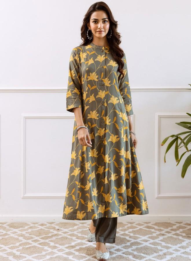 ISHIN Women'S Mustard Rayon Embroidered Tunic Full Length Palazzo Straight Fit Kurta Set - Image 2