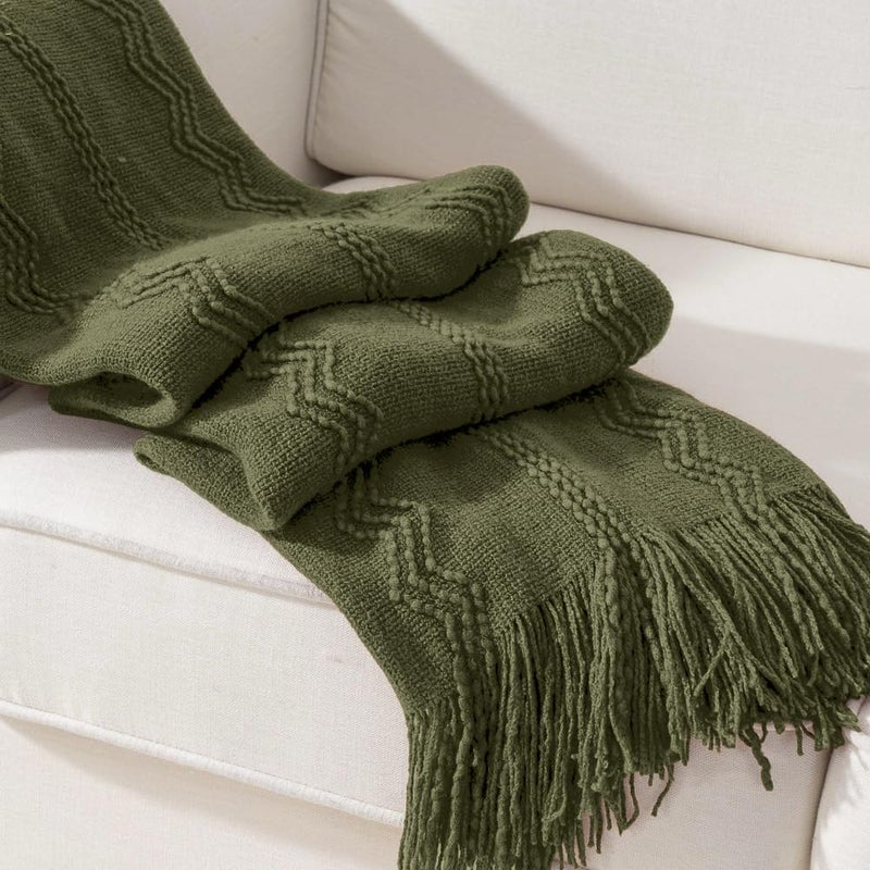 BATTILO HOME Olive Green Throw Blanket for Couch, Soft Army Green Blanket with Tassels for Home Decor, Decorative Knitted Throws for Couch Cover, 50"x60" - Image 2