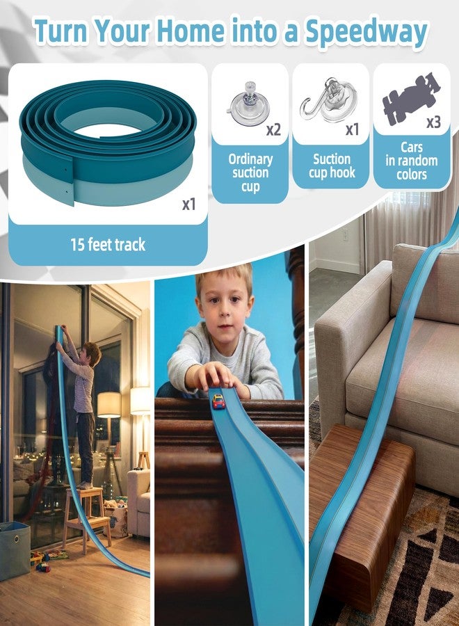 MASSRT 15 Ft Flexible Race Car Track for Kids with 3 Cars, Dual-Color Track Compatible with Diecast 1/64th Cars, 3 Strong Suction Cups, Bendable Car Ramp Track Racing Toy for Toddlers Ages 3+ - Image 4