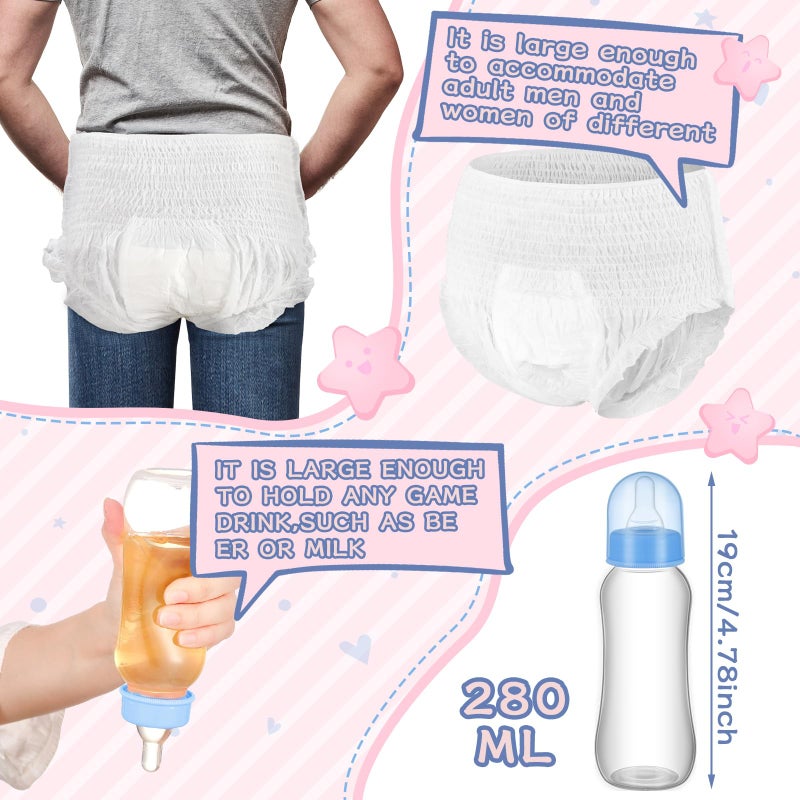 Chicingyou 8 Sets Bottle Chug Baby Shower Games Plastic Baby Bottles Bulk Diapers Gender Reveal Games Hat and Adult Bib Race Game Decoration for Girl Adults (Modern Style,Blue) - Image 3