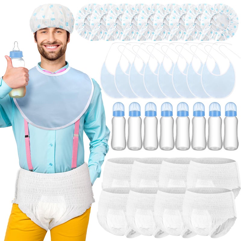 Chicingyou 8 Sets Bottle Chug Baby Shower Games Plastic Baby Bottles Bulk Diapers Gender Reveal Games Hat and Adult Bib Race Game Decoration for Girl Adults (Modern Style,Blue) - Image 1