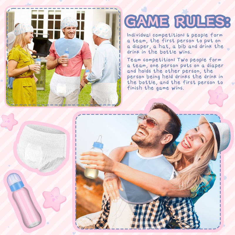Chicingyou 8 Sets Bottle Chug Baby Shower Games Plastic Baby Bottles Bulk Diapers Gender Reveal Games Hat and Adult Bib Race Game Decoration for Girl Adults (Modern Style,Blue) - Image 4