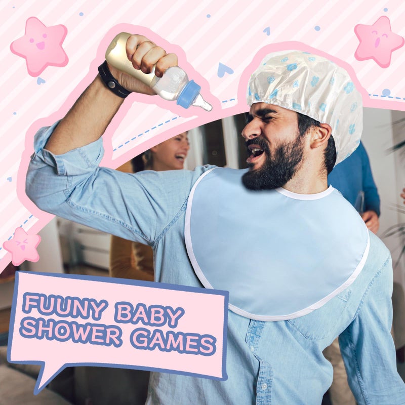 Chicingyou 8 Sets Bottle Chug Baby Shower Games Plastic Baby Bottles Bulk Diapers Gender Reveal Games Hat and Adult Bib Race Game Decoration for Girl Adults (Modern Style,Blue) - Image 2