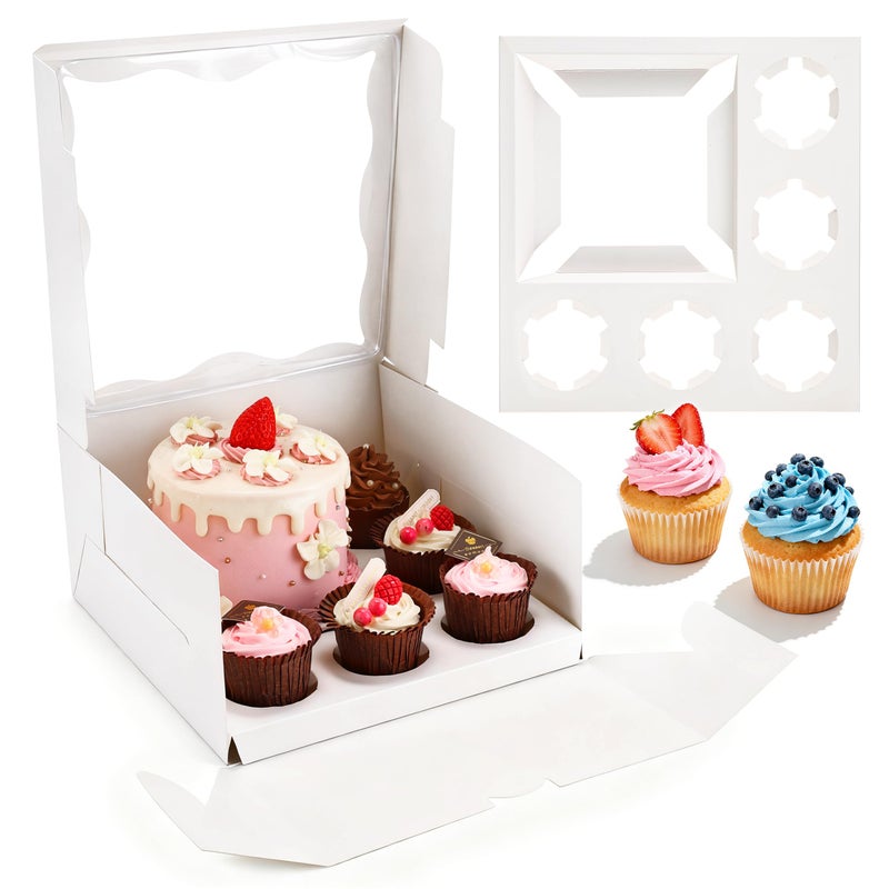 LOKQING 4 Packs Bento Cake Box with Cupcakes, 1+5 Cupcake Box Combo with Clear Window,Fit 5 Cupcakex and 1 Mini Cake for Wedding Birthday Party Baby Shower Baking Supplies - Image 1