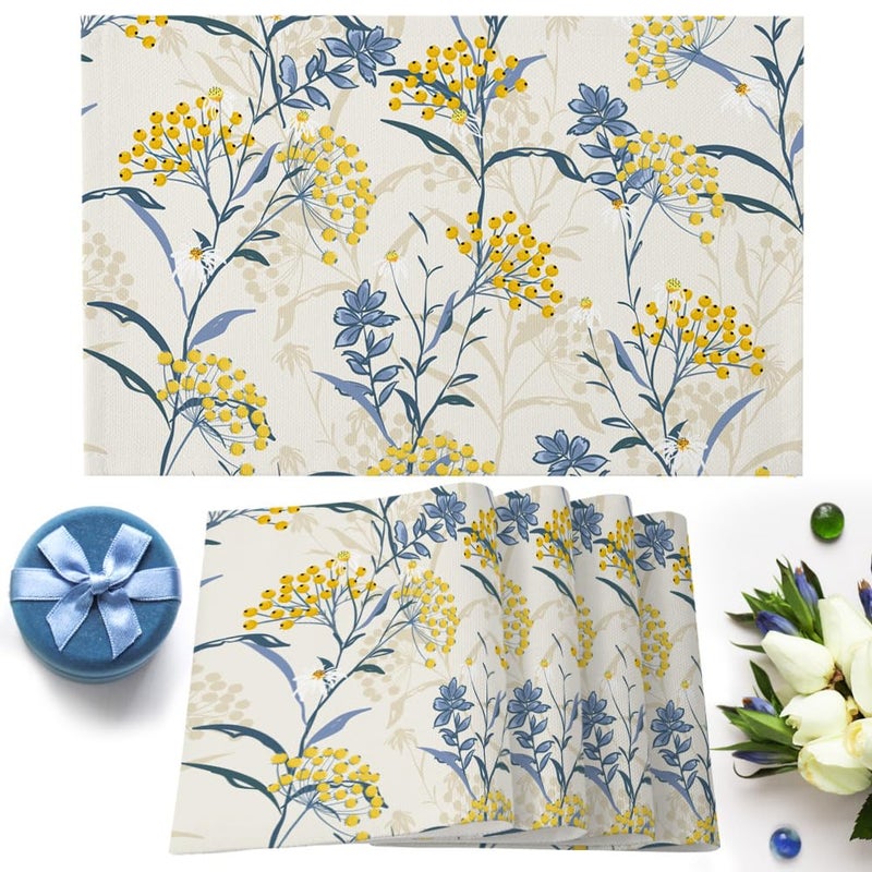 طقم مفارش طاولة الطعام من 4 قطع قطن ولين Vintage Floral Plant مقاومة للحرارة غير قابلة للانزلاق مفارش طاولة صفراء وزرقاء داخلية وخارجية لتزيين طاولة المطبخ في المناسبات والولائم قابلة للغسل في الغسالة