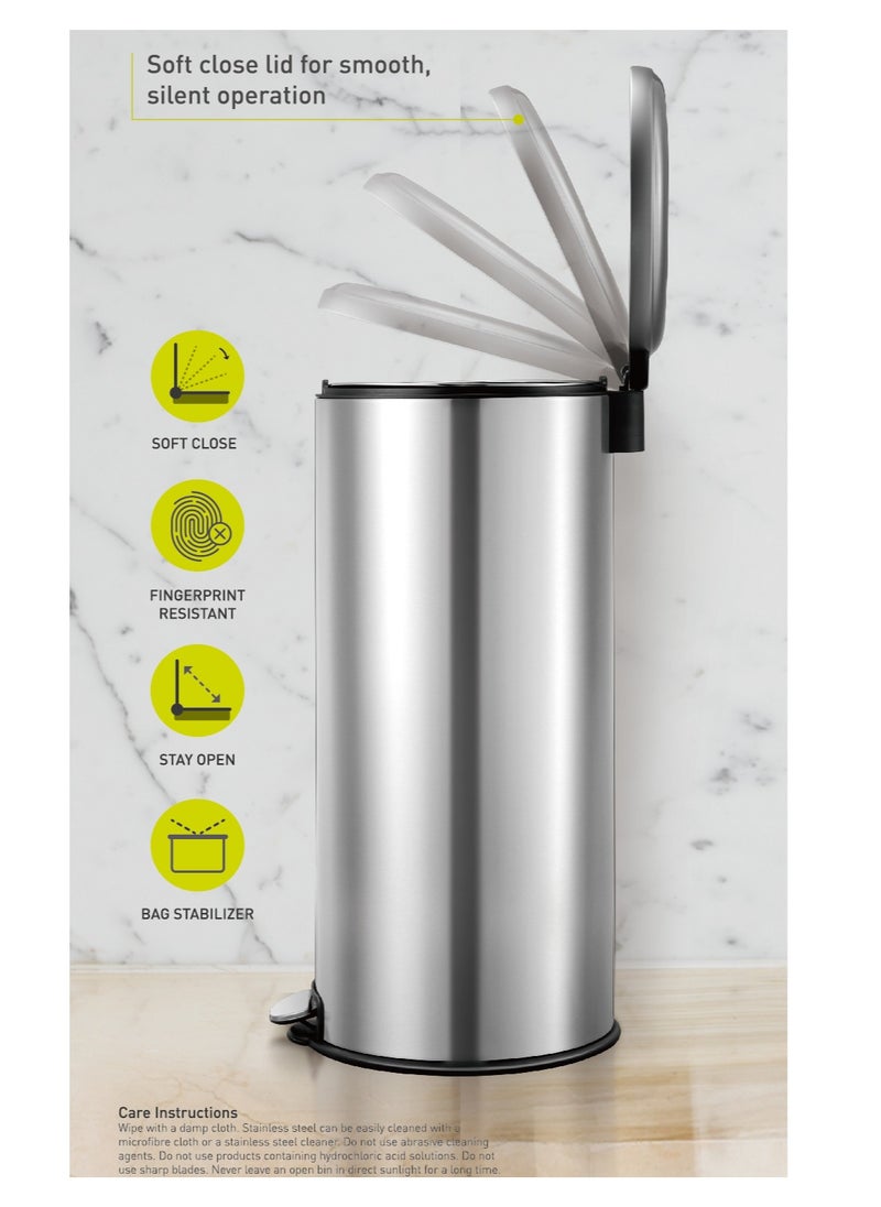 EKO - EKO 30L Pedal Bin Serene - Silver | Large Capacity Step Round Bin with Soft-Close Lid | Fingerprint-Resistant Finish | Removable Inner Liner | Bag Stabilizer - Image 1
