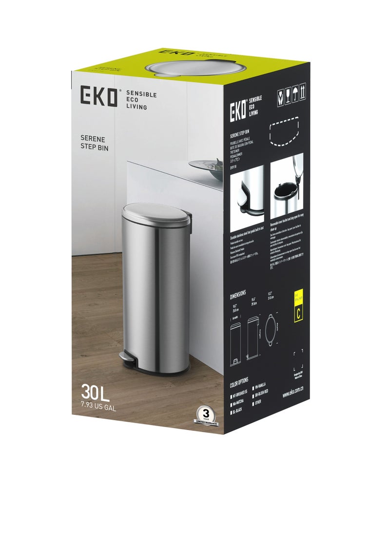EKO - EKO 30L Pedal Bin Serene - Silver | Large Capacity Step Round Bin with Soft-Close Lid | Fingerprint-Resistant Finish | Removable Inner Liner | Bag Stabilizer - Image 1