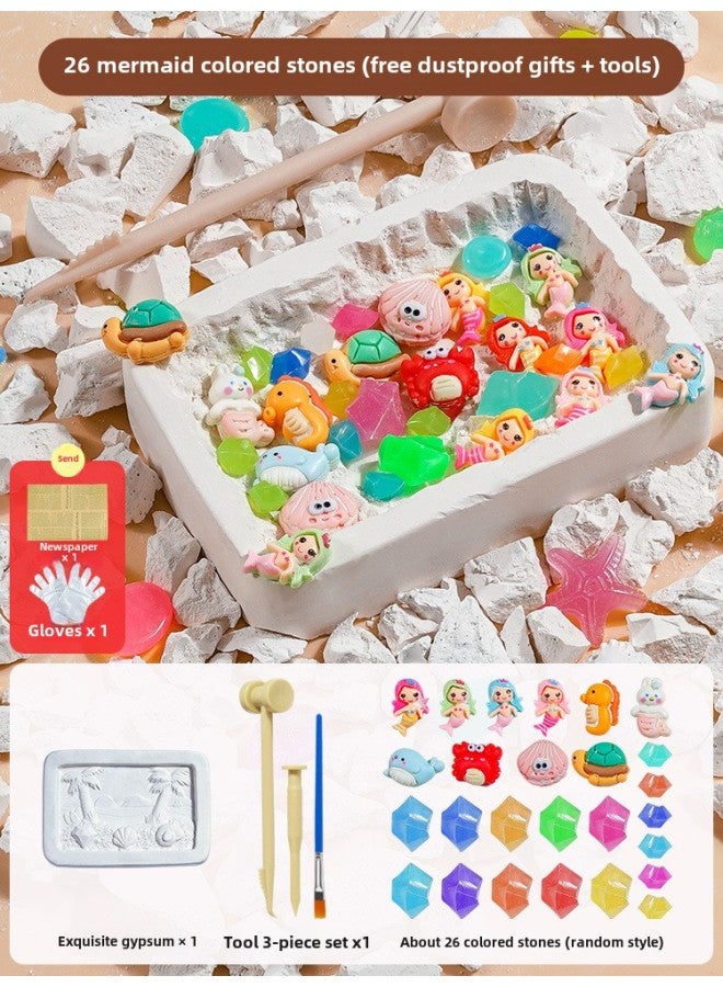 Dinosaur Fossil Archaeological Digging Toys Gypsum Gem Digging Luminous Mining Treasure Hunting Blind Box Set Wholesale-Color:Luminous Mermaid (Newspaper + Gloves + Tools)  - Image 1