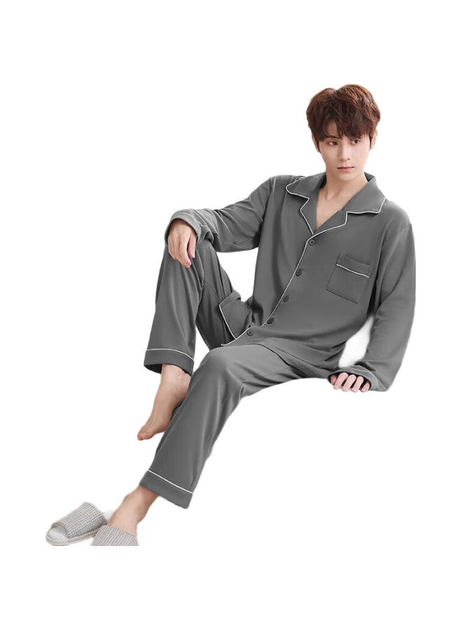 JOAE [Super Cool Series] Pure Cotton Men'S Pajamas, Spring And Autumn Long-Sleeve Long Pants, Wearable As Outerwear, Cardigan Loungewear, Dark Gray, Size L - Image 3
