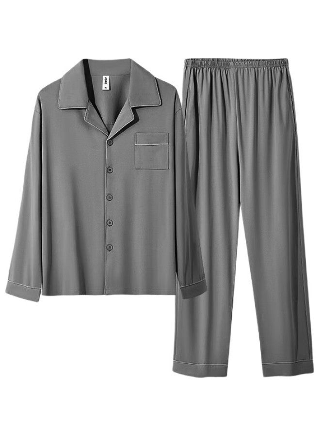 JOAE [Super Cool Series] Pure Cotton Men'S Pajamas, Spring And Autumn Long-Sleeve Long Pants, Wearable As Outerwear, Cardigan Loungewear, Dark Gray, Size L - Image 2
