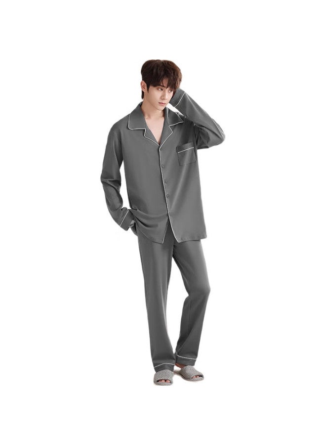 JOAE [Super Cool Series] Pure Cotton Men'S Pajamas, Spring And Autumn Long-Sleeve Long Pants, Wearable As Outerwear, Cardigan Loungewear, Dark Gray, Size L - Image 1