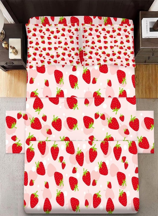 FUYEUN Pink Strawberry Sheet Set Twin: Kwaii Strawberry Bedding Set for Kids Teens Girls Boys Summer Fruits Bedroom Bed - 1 Flat Sheet, 1 Fitted Sheet, 1 Pillowcase - Image 2