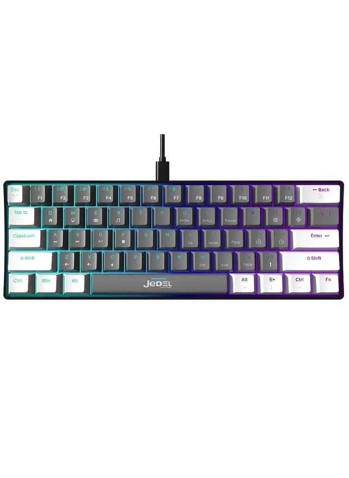 JeDEL KL69 60% Gaming Mechanical Keyboard Compact – Rainbow LED Backlit – 61 Keys Arabic / English Key – Blue Switches –Double injection key caps Illumination – USB Wired | Gray / White  - Image 1