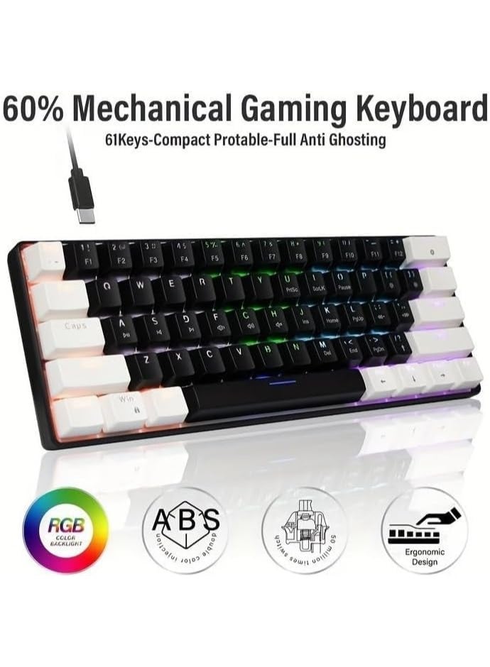 JeDEL KL69 60% Gaming Mechanical Keyboard Compact – Rainbow LED Backlit – 61 Keys Arabic / English Key – RED Switches –Double injection key caps Illumination – USB Wired | Gray / White - Image 2