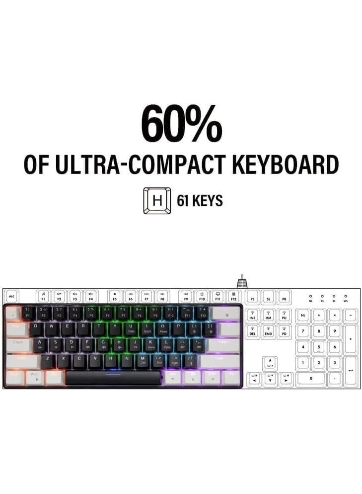 JeDEL KL69 60% Gaming Mechanical Keyboard Compact – Rainbow LED Backlit – 61 Keys Arabic / English Key – RED Switches –Double injection key caps Illumination – USB Wired | Gray / White - Image 3