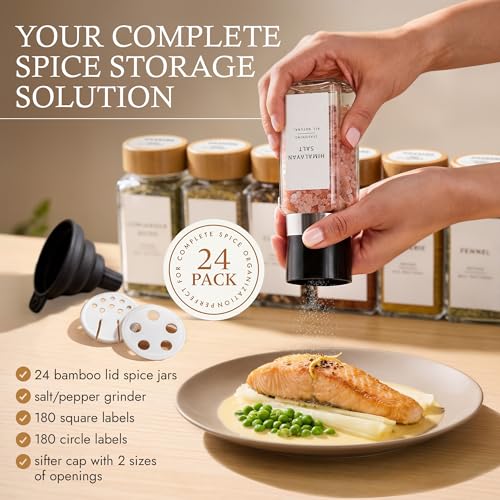 Livabl Glass Spice Jars with 360 Labels -24 pcs- 4oz- Spice Containers with Bamboo Lids -Shaker Lids- Pepper Grinder-Spice Organization for Cabinet-Drawer-Rack-Seasoning Organizer-Square bottles - Image 2
