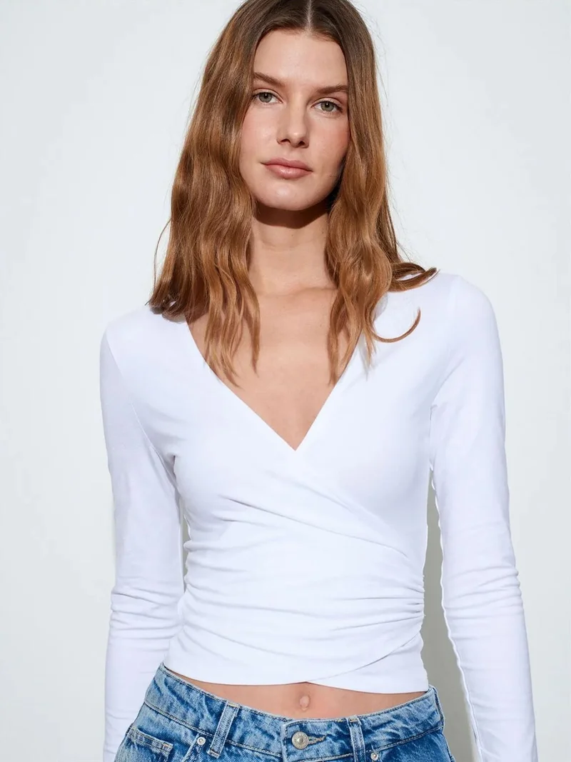 ديلفين DILVIN Women’s Crop Wrap Blouse With Tie Detail