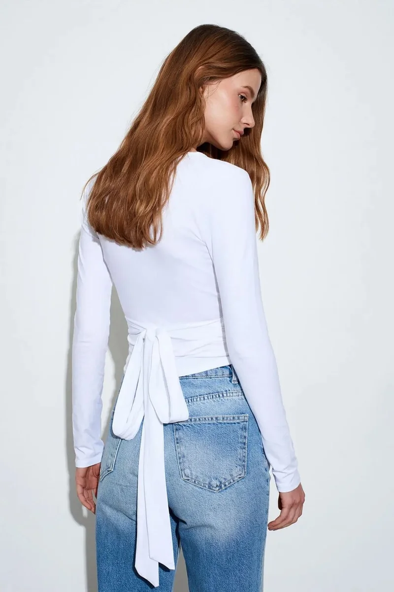 Dilvin White DILVIN Women’s Crop Wrap Blouse With Tie Detail for Women | Best Price UAE
