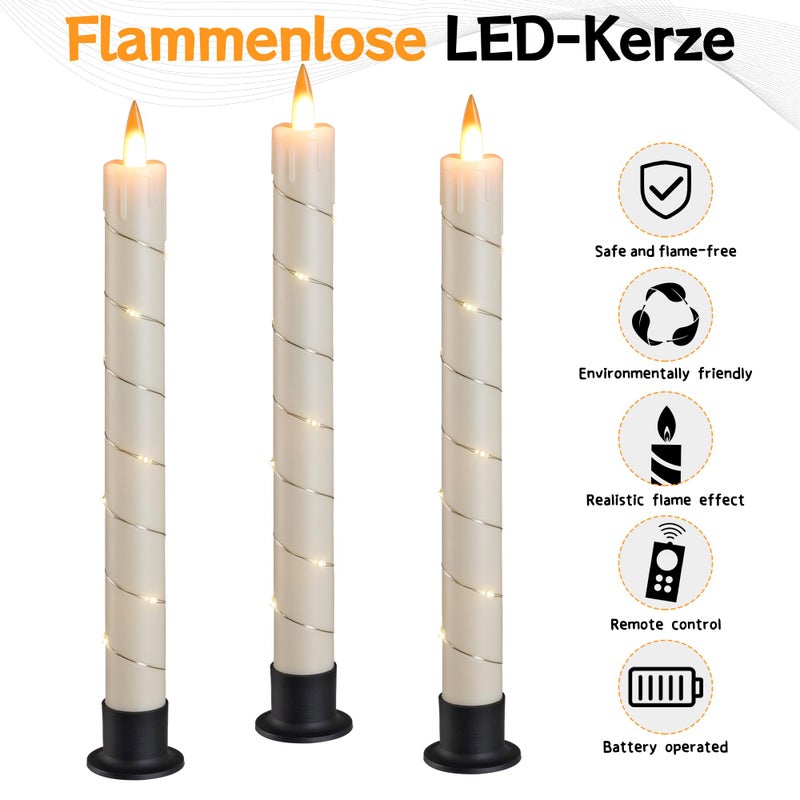 Da by 3 Pcs Flickering Flameless Battery Operated Taper Candle-Window Candles with Remote and Time-LED 3D Dynamic Flame-9.6 Inches for Wedding, Party,Home Decoration-Ivory - Image 2