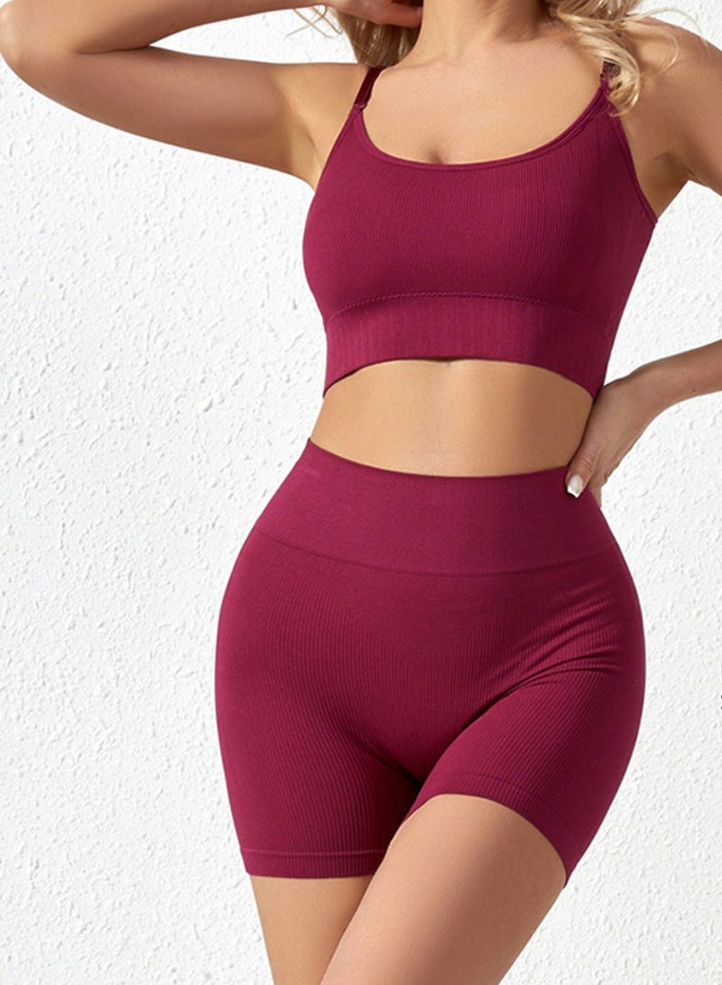 Loquat Women's Solid Color Sport Fitness Lingerie Set 2-piece Seamless Wireless Bra+High Waist Boxer Shorts Sport Suit Wine Red  - Image 1