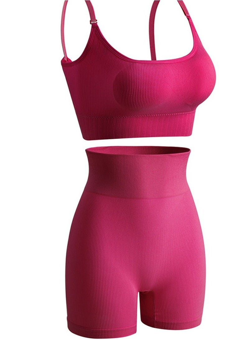 Loquat Women's Solid Color Sport Fitness Lingerie Set 2-piece Seamless Wireless Bra+High Waist Boxer Shorts Sport Suit Wine Red  - Image 3