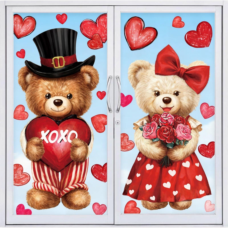 Celltestria Extra Large Valentines Window Clings Love Heart Valentines Bear Window Decals Stickers for Holiday Home Office School Party Gifts Decor Glass Decoration - Image 1