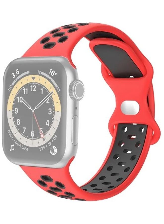 NIBEMINENT Two-Colour 8-Buckle Silicone Replacement Strap Watchband For Apple Watch Series 1/2/3/4/5/6/7/SE 42-44-45mm Red/Black - Image 1