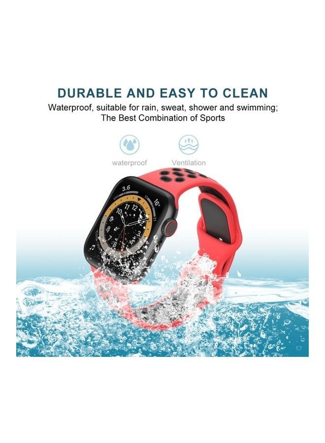 NIBEMINENT Two-Colour 8-Buckle Silicone Replacement Strap Watchband For Apple Watch Series 1/2/3/4/5/6/7/SE 42-44-45mm Red/Black - Image 3