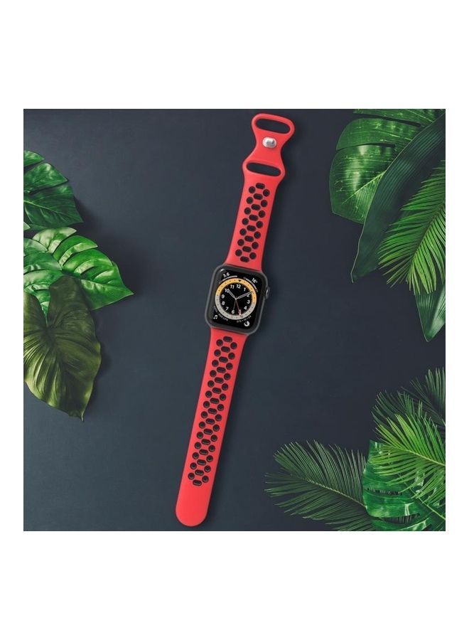 NIBEMINENT Two-Colour 8-Buckle Silicone Replacement Strap Watchband For Apple Watch Series 1/2/3/4/5/6/7/SE 42-44-45mm Red/Black - Image 5