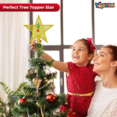 Toyshine Golden Christmas Tree Topper Star with Decorative Bow & Glitter Finish – Holiday Tree Decoration - Image 3