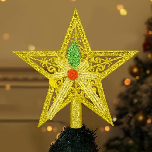 Toyshine Golden Christmas Tree Topper Star with Decorative Bow & Glitter Finish – Holiday Tree Decoration - Image 1