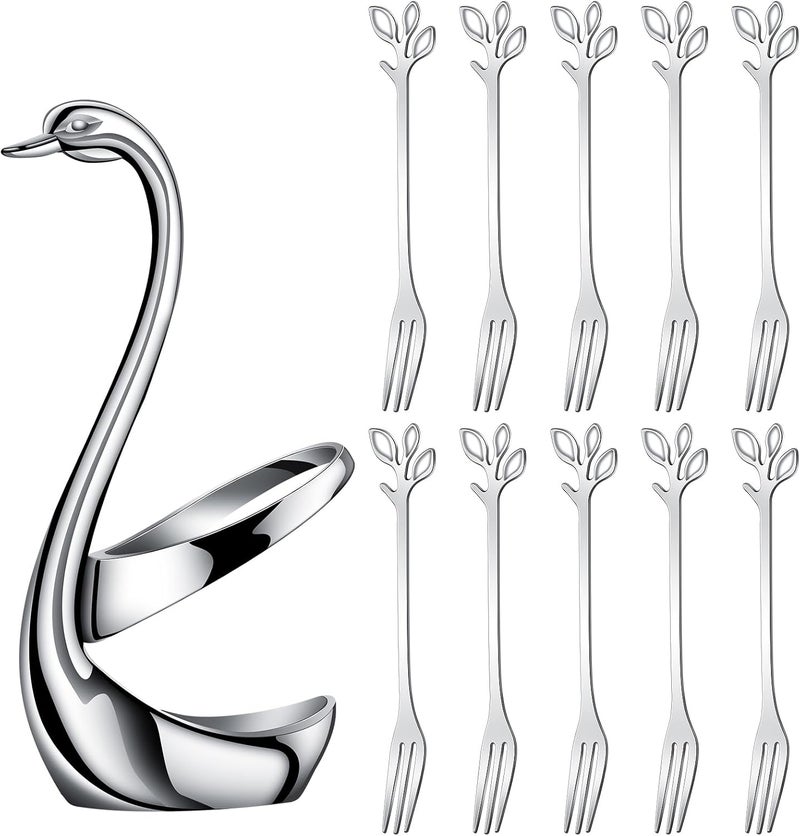 AnSaw Silver Swan Base Holder Set with 10-pcs Mini Leaf Dessert Forks-4.7" | Cocktail Fork,Stainless Steel Forks,Appetizer Forks,Fruit Forks,Cake Forks,Salad Forks,Small Fork,Parties & Home Use - Image 1