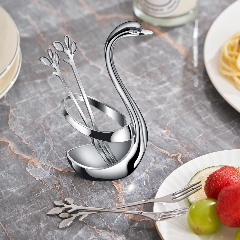 AnSaw Silver Swan Base Holder Set with 10-pcs Mini Leaf Dessert Forks-4.7" | Cocktail Fork,Stainless Steel Forks,Appetizer Forks,Fruit Forks,Cake Forks,Salad Forks,Small Fork,Parties & Home Use - Image 4