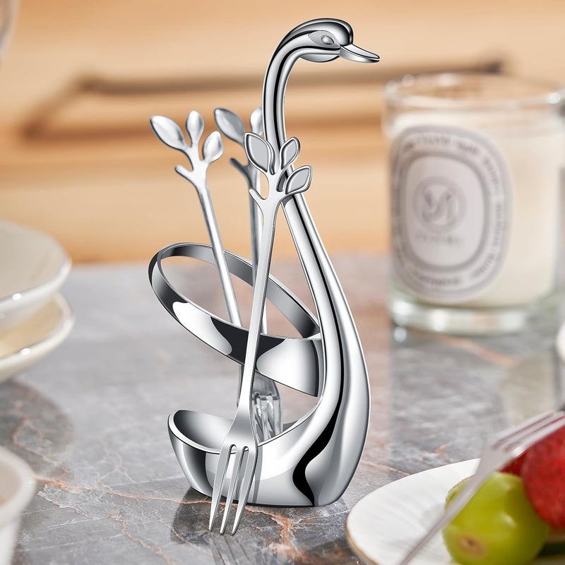 AnSaw Silver Swan Base Holder Set with 10-pcs Mini Leaf Dessert Forks-4.7" | Cocktail Fork,Stainless Steel Forks,Appetizer Forks,Fruit Forks,Cake Forks,Salad Forks,Small Fork,Parties & Home Use - Image 5