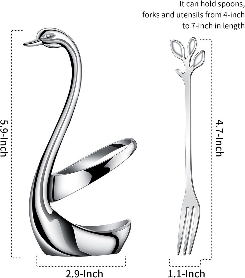 AnSaw Silver Swan Base Holder Set with 10-pcs Mini Leaf Dessert Forks-4.7" | Cocktail Fork,Stainless Steel Forks,Appetizer Forks,Fruit Forks,Cake Forks,Salad Forks,Small Fork,Parties & Home Use - Image 2
