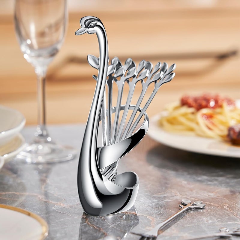 AnSaw Silver Swan Base Holder Set with 10-pcs Mini Leaf Dessert Forks-4.7" | Cocktail Fork,Stainless Steel Forks,Appetizer Forks,Fruit Forks,Cake Forks,Salad Forks,Small Fork,Parties & Home Use - Image 3