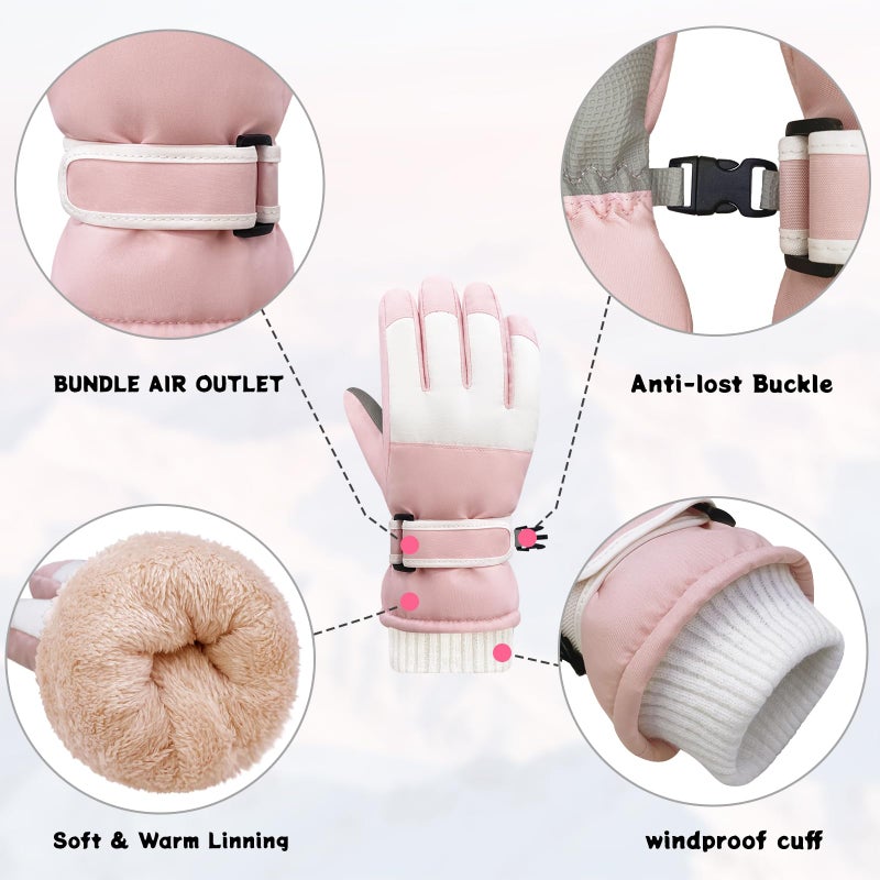 HOPSOOKEN Kids Waterproof Ski Winter Gloves Cold Weather Warm Fleece Snowboard Snow Mittens Gifts for Boys Girls Windproof(PinkL) - Image 3