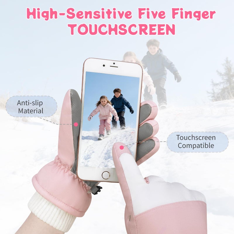 HOPSOOKEN Kids Waterproof Ski Winter Gloves Cold Weather Warm Fleece Snowboard Snow Mittens Gifts for Boys Girls Windproof(PinkL) - Image 4