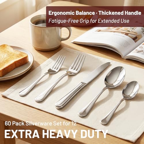 KIKCOIN 60 Pack Silverware Set for 12, Heavy Duty Stainless Steel Flatware Set, Mirror Polished Cutlery Utensils Set Includes Forks and Spoons Set for Home Kitchen Restaurant Wedding - Image 2
