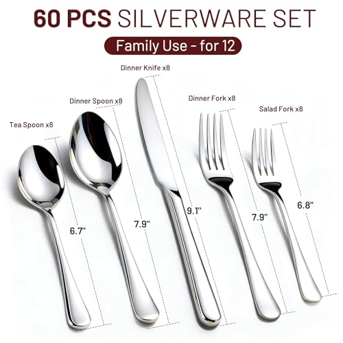 KIKCOIN 60 Pack Silverware Set for 12, Heavy Duty Stainless Steel Flatware Set, Mirror Polished Cutlery Utensils Set Includes Forks and Spoons Set for Home Kitchen Restaurant Wedding - Image 4