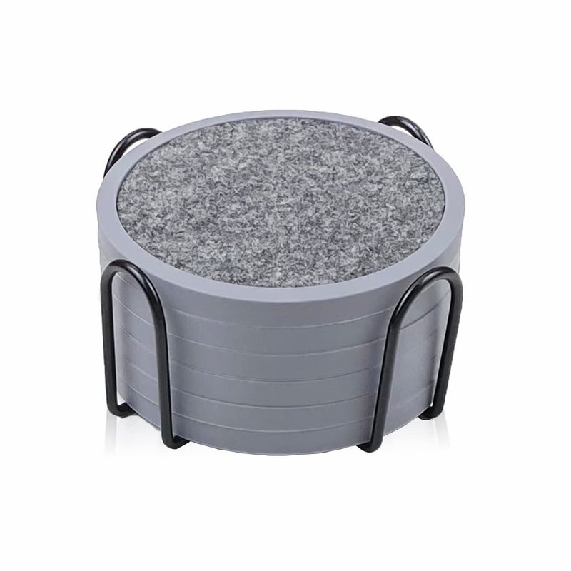 Absorbent Coasters with Holder  6 Pack Silicone with Soft Felt Insert 43 Inch Coasters 45 Inch Holder Black and Gray