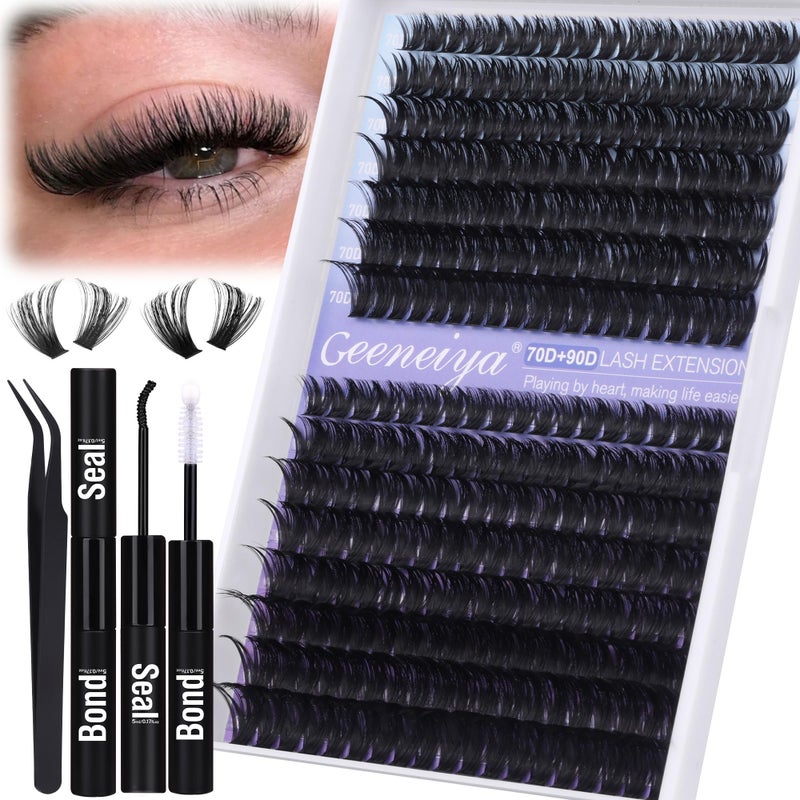 Geeneiya Wispy Lash Clusters Kit 70D90D Lash Extension Kit 1018mm Natural Cluster Eyelash Extensions Kit Individual Lashes with Waterproof Lash Bond and Seal Glue Lash Tweezers 300PCS