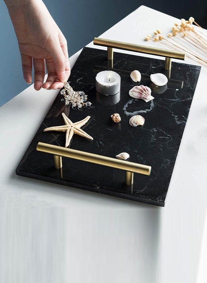 1Chase Natural  Marble Stone Decorative  Serving Tray with Gold Handle 30x20CM,  Serving Platter,Cheese Board,Charcuterie Boards for Cheese, Meats, Appetizers, Dried Fruits,  Black - Image 1