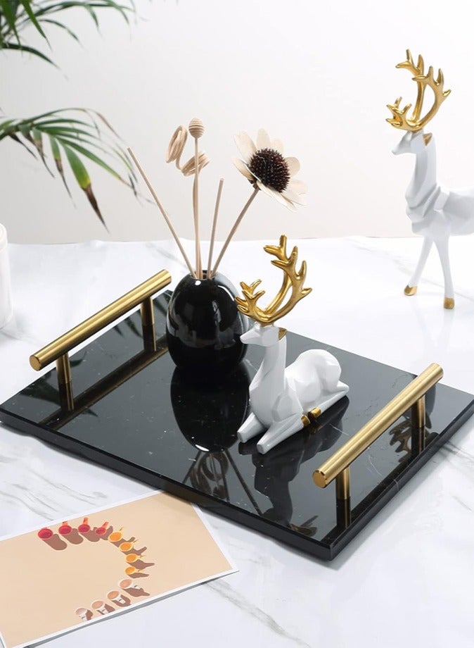 1Chase Natural  Marble Stone Decorative  Serving Tray with Gold Handle 30x20CM,  Serving Platter,Cheese Board,Charcuterie Boards for Cheese, Meats, Appetizers, Dried Fruits,  Black - Image 2