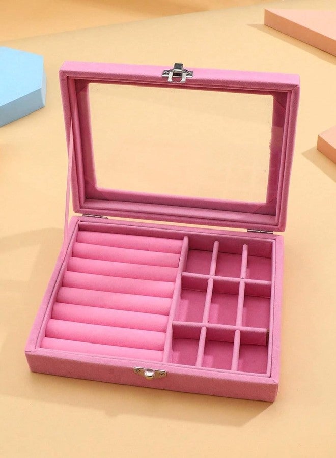 MERISH Velvet Jewelry Box with Glass Top, Multi-Compartment Storage Display Case (PINK) - Image 2