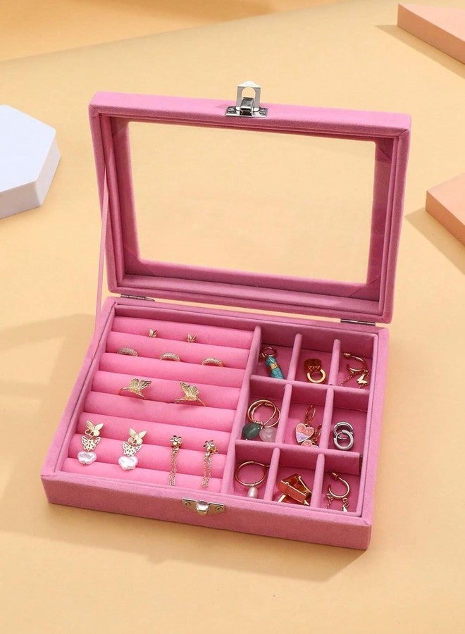 MERISH Velvet Jewelry Box with Glass Top, Multi-Compartment Storage Display Case (PINK) - Image 5