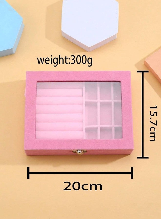 MERISH Velvet Jewelry Box with Glass Top, Multi-Compartment Storage Display Case (PINK) - Image 3