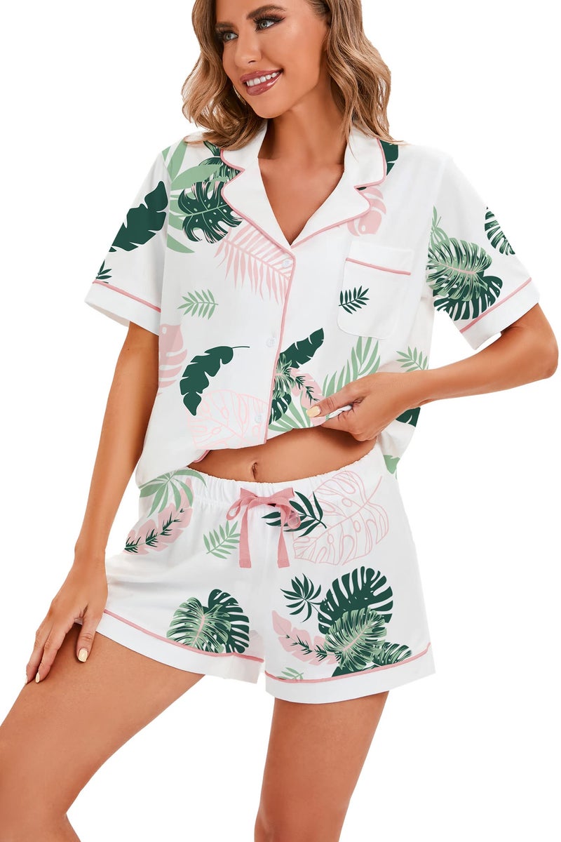 LUBOT 100% Cotton Women's Pajamas Set Short Sleeve Button-Down Shirt PJ 2 Piece Set Printed Patterned Summer Night Suit Sleepwear Loungewear (Leaves, M) - Image 4