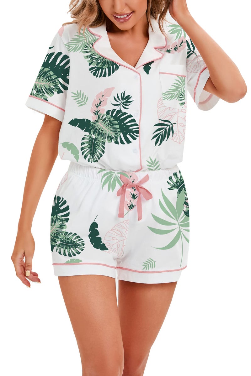 LUBOT 100% Cotton Women's Pajamas Set Short Sleeve Button-Down Shirt PJ 2 Piece Set Printed Patterned Summer Night Suit Sleepwear Loungewear (Leaves, M) - Image 2
